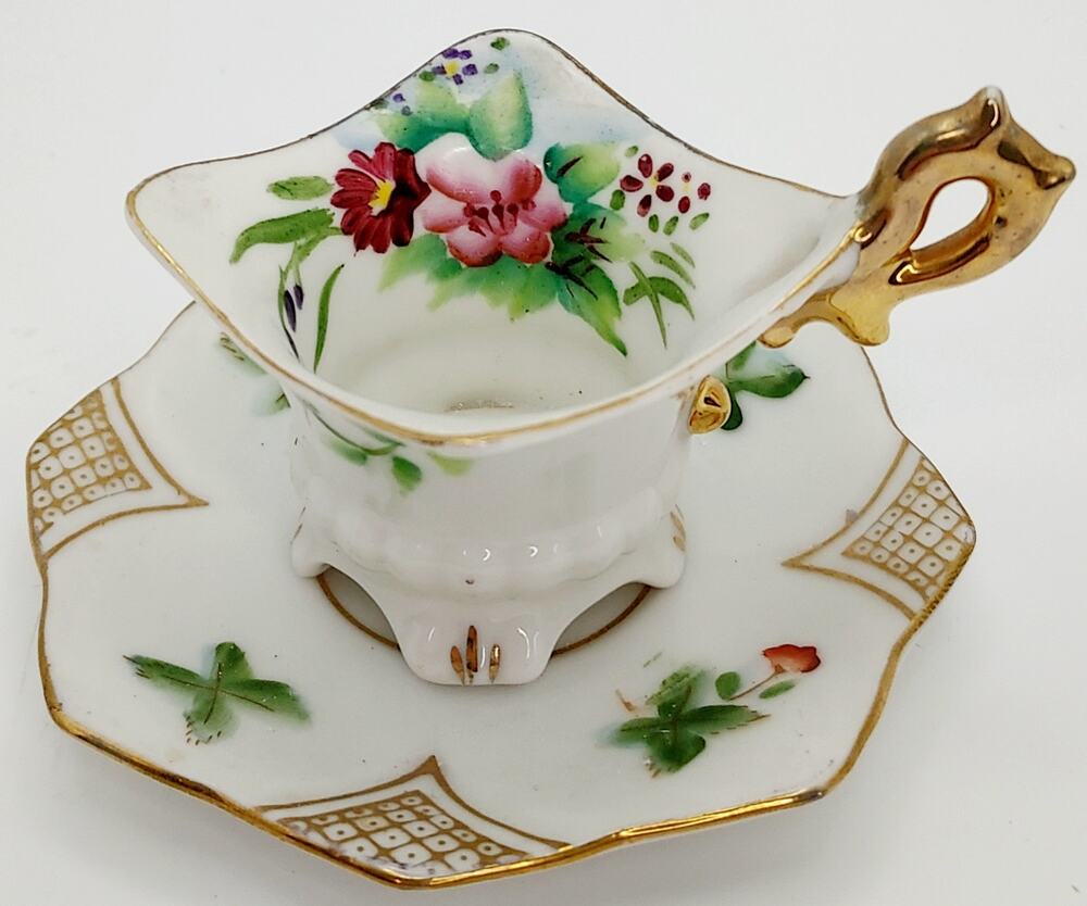 VTG Japanese Miniature Demitasse Footed Teacup And Saucer Floral Gold Tone Trim